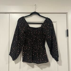 Madewell Women's Prairie Blouse Black with Pink Flowers Boho Size 0‎